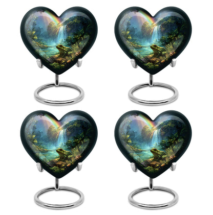 Sapphire Blue Frog Cremation Urn angled view of lid and engraved motif - compassionate heart-frog combination with gentle curves - 10 inch aluminum urn for cremated remains