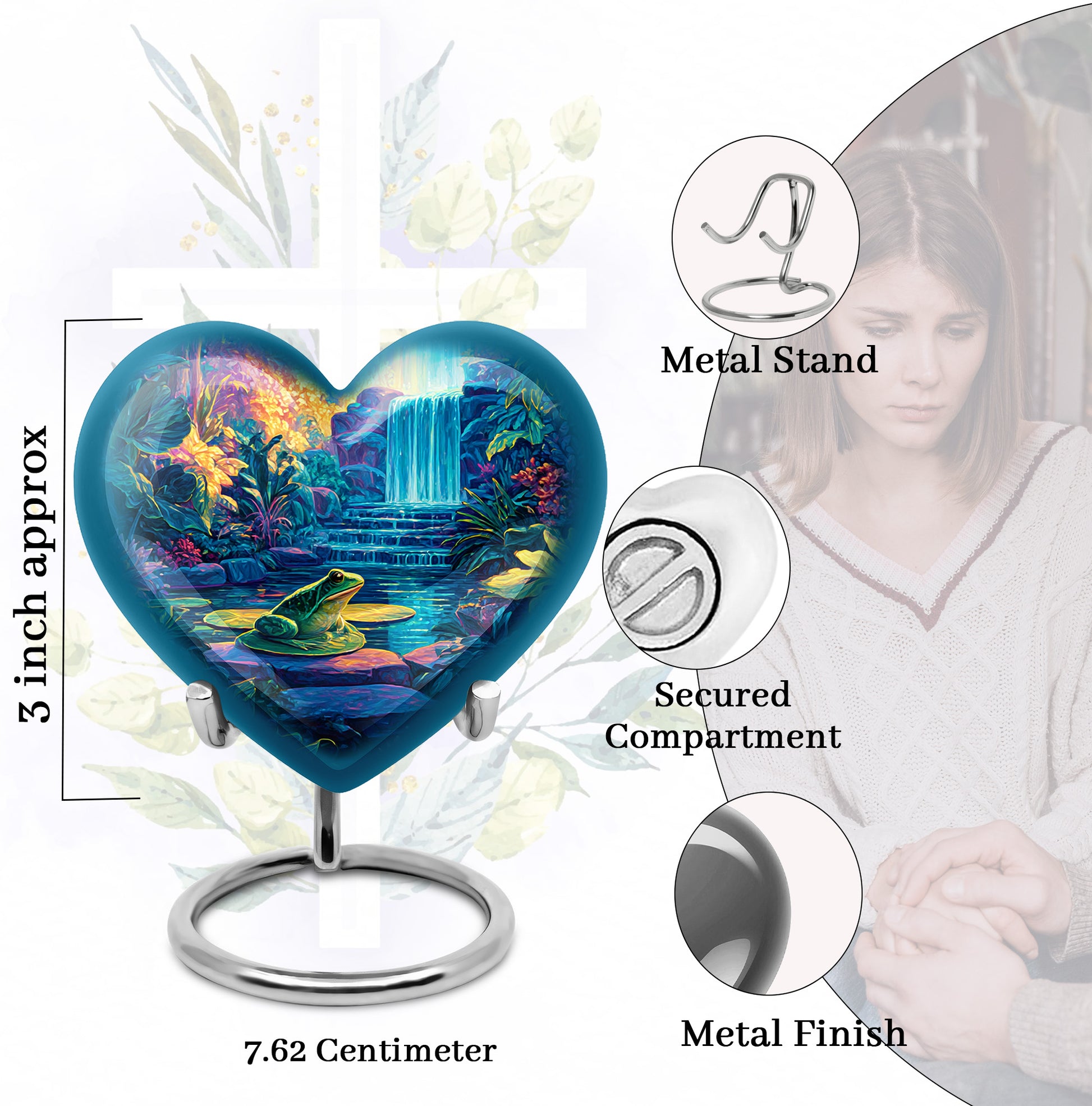 Pewter Gray Frog Cremation Urn front view showing detailed design - loving heart memorial featuring frog pattern - mini keepsake memorial for portion of cremation ashes