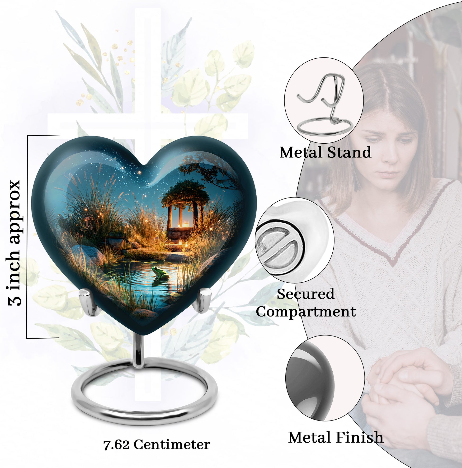 Icy Blue Frog Cremation Urn front view showing detailed design - loving heart memorial featuring frog pattern - mini keepsake memorial for portion of cremation ashes