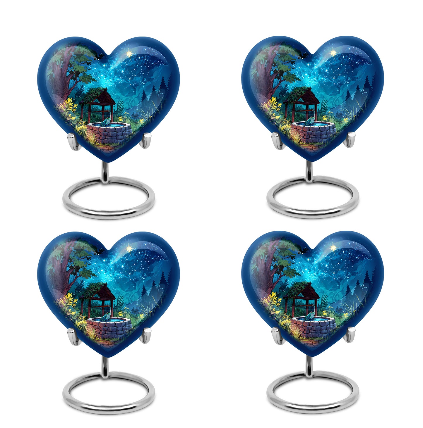 Cobalt Blue Frog Cremation Urn angled view of lid and engraved motif - romantic heart urn with frog motif on aluminum - 10 inch aluminum urn for cremated remains