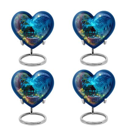 Cobalt Blue Frog Cremation Urn angled view of lid and engraved motif - romantic heart urn with frog motif on aluminum - 10 inch aluminum urn for cremated remains