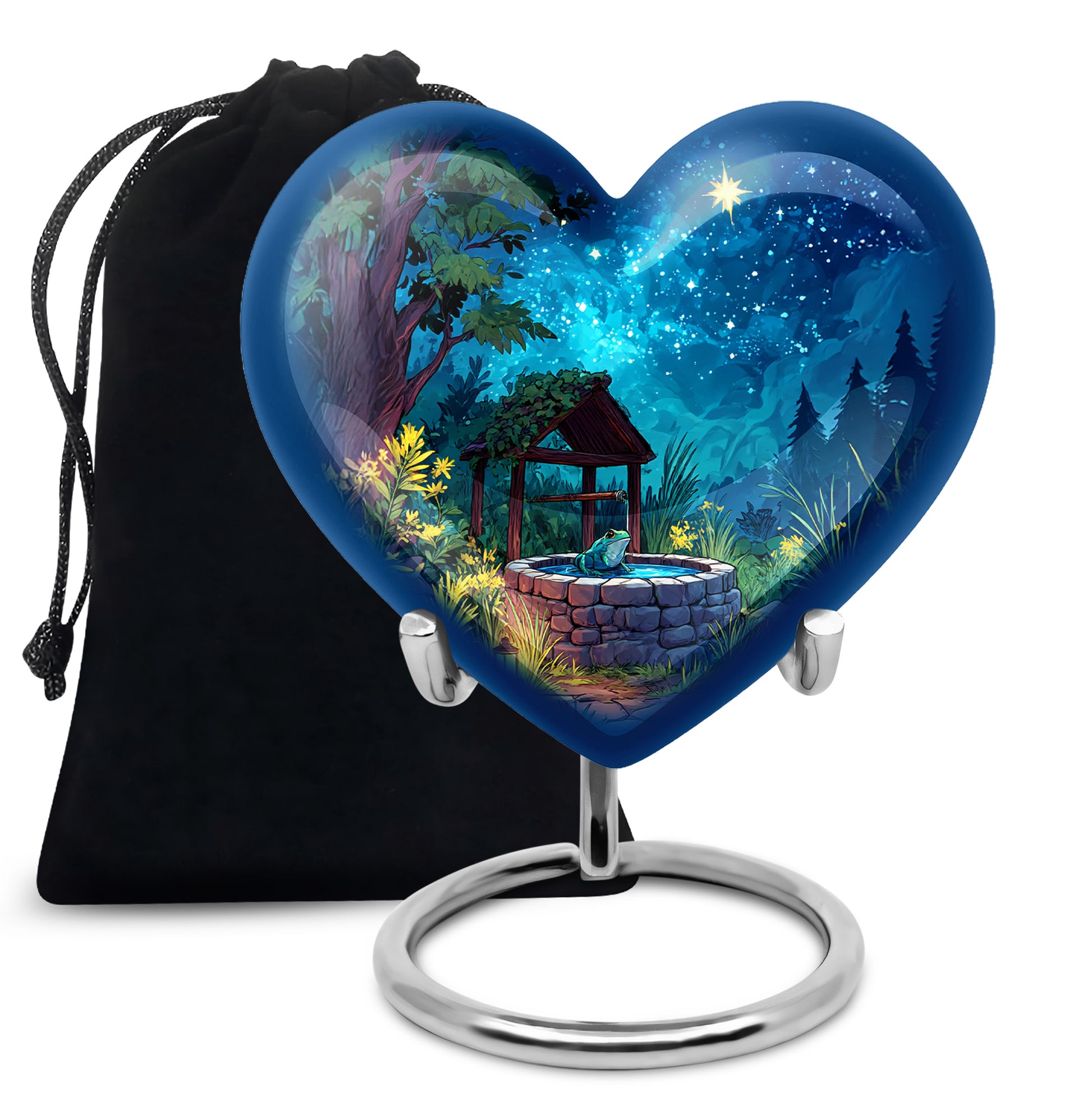 Cornflower Blue Frog Cremation Urn detail view - compassionate heart-frog combination with gentle curves - full-size 10 inch 200 cubic inch adult cremation urn