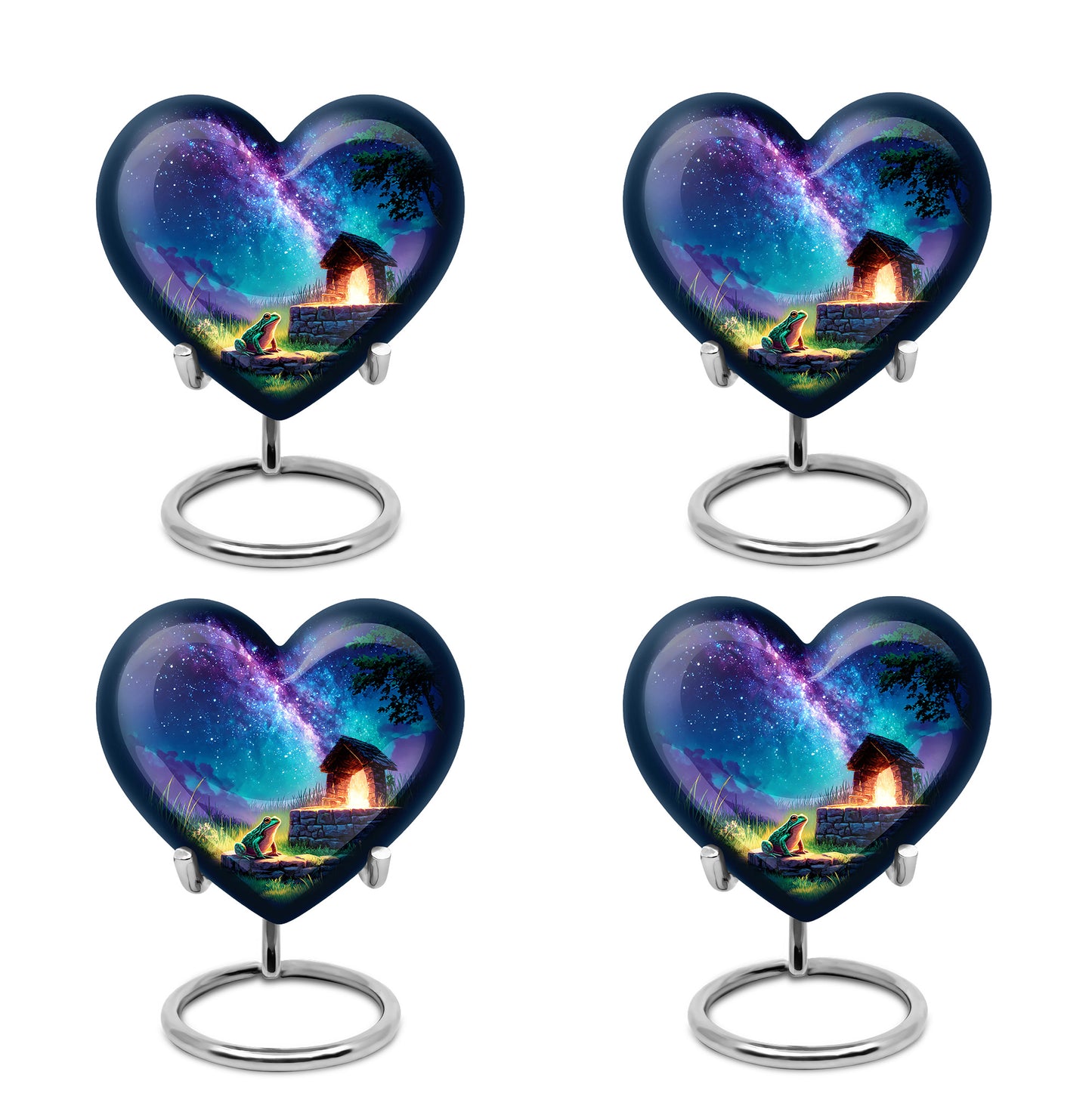 Celestial Blue Frog Cremation Urn angled view of lid and engraved motif - heart-shaped frog design symbolizing eternal love - 10 inch aluminum urn for cremated remains