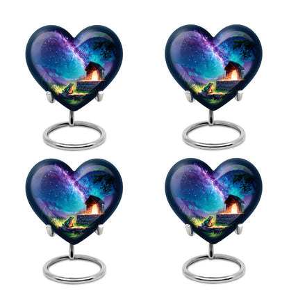 Celestial Blue Frog Cremation Urn angled view of lid and engraved motif - heart-shaped frog design symbolizing eternal love - 10 inch aluminum urn for cremated remains