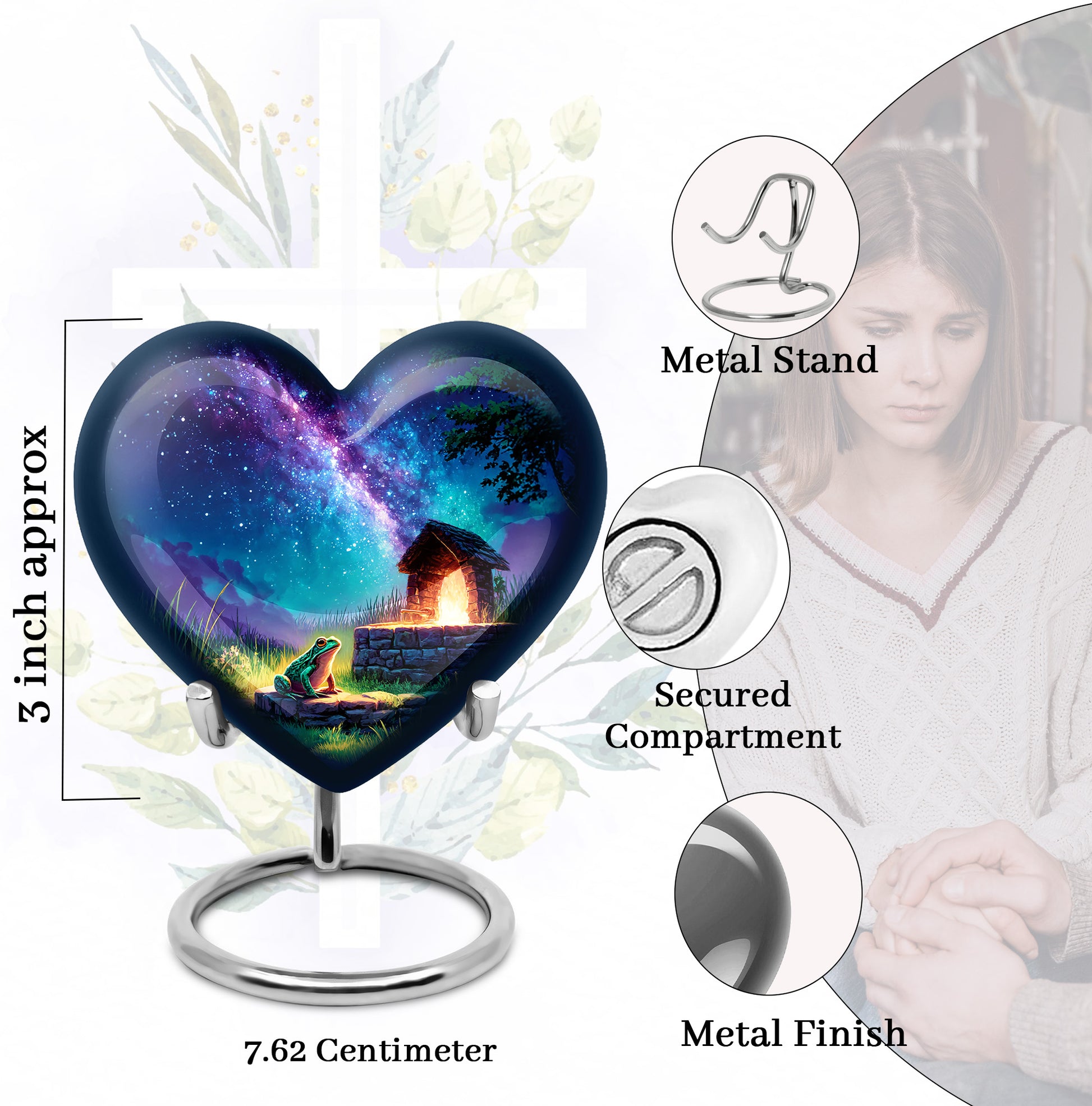 Misty Blue Frog Cremation Urn front view showing detailed design - loving heart memorial featuring frog pattern - mini keepsake memorial for portion of cremation ashes