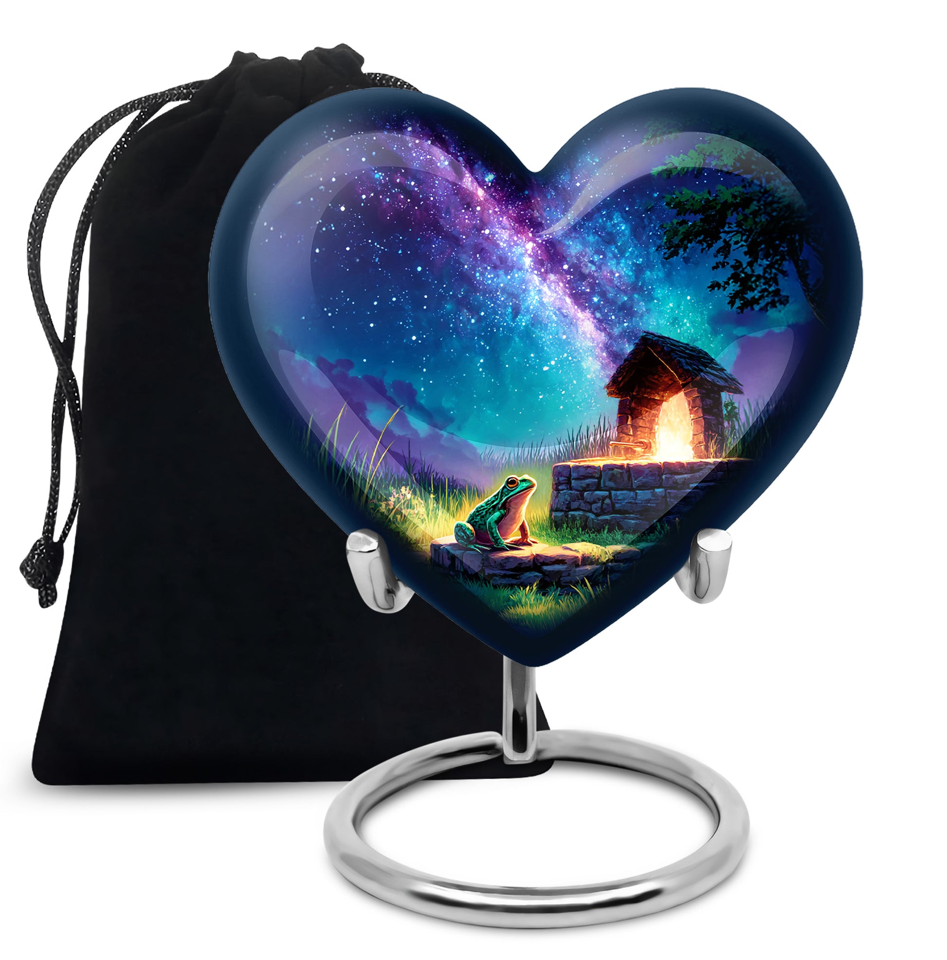 Azure Frog Cremation Urn detail view - loving heart memorial featuring frog pattern - full-size 10 inch 200 cubic inch adult cremation urn