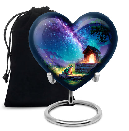 Azure Frog Cremation Urn detail view - loving heart memorial featuring frog pattern - full-size 10 inch 200 cubic inch adult cremation urn
