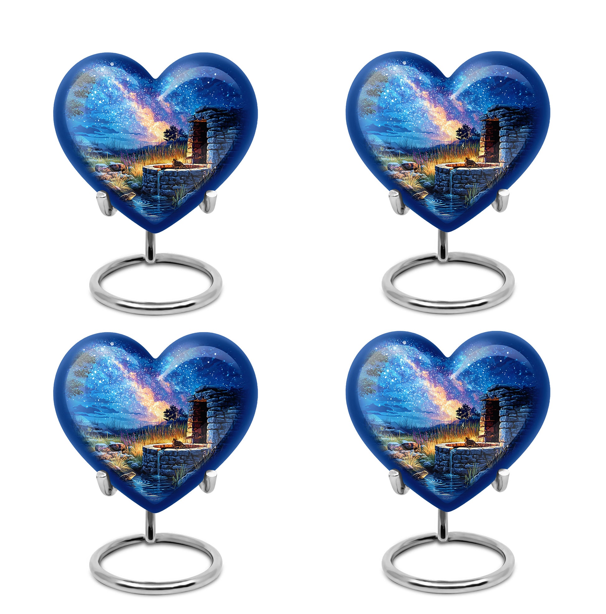 Indigo Frog Cremation Urn angled view of lid and engraved motif - loving heart memorial featuring frog pattern - 10 inch aluminum urn for cremated remains