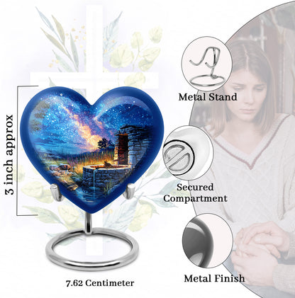 Royal Blue Frog Cremation Urn front view showing detailed design - romantic heart urn with frog motif on aluminum - mini keepsake memorial for portion of cremation ashes
