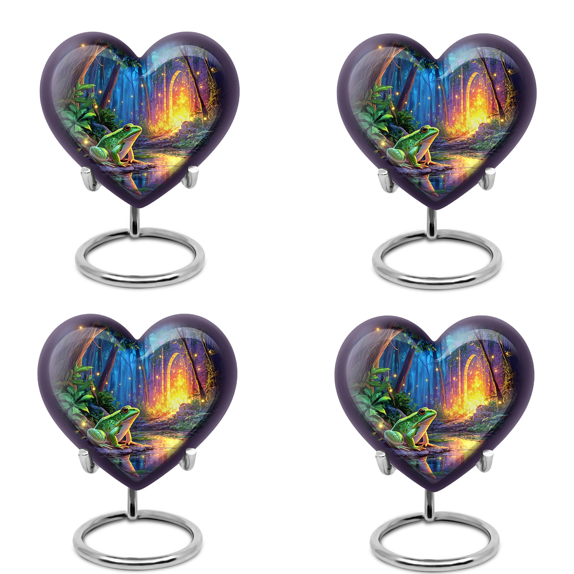 Serene Blue Frog Cremation Urn angled view of lid and engraved motif - compassionate heart-frog combination with gentle curves - 10 inch aluminum urn for cremated remains