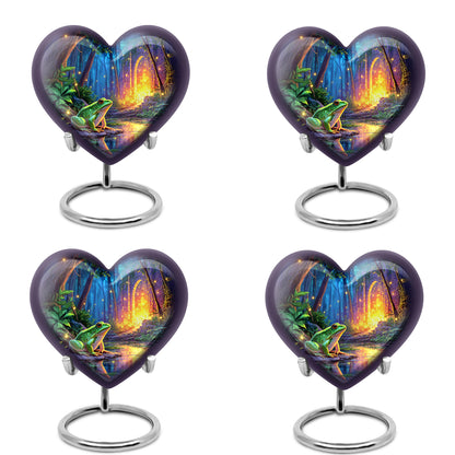 Serene Blue Frog Cremation Urn angled view of lid and engraved motif - compassionate heart-frog combination with gentle curves - 10 inch aluminum urn for cremated remains