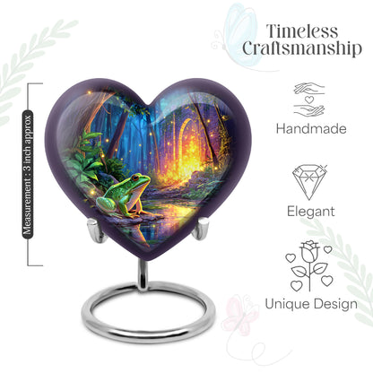 Twilight Blue Frog Cremation Urn front view showing detailed design - romantic heart urn with frog motif on aluminum - mini keepsake memorial for portion of cremation ashes