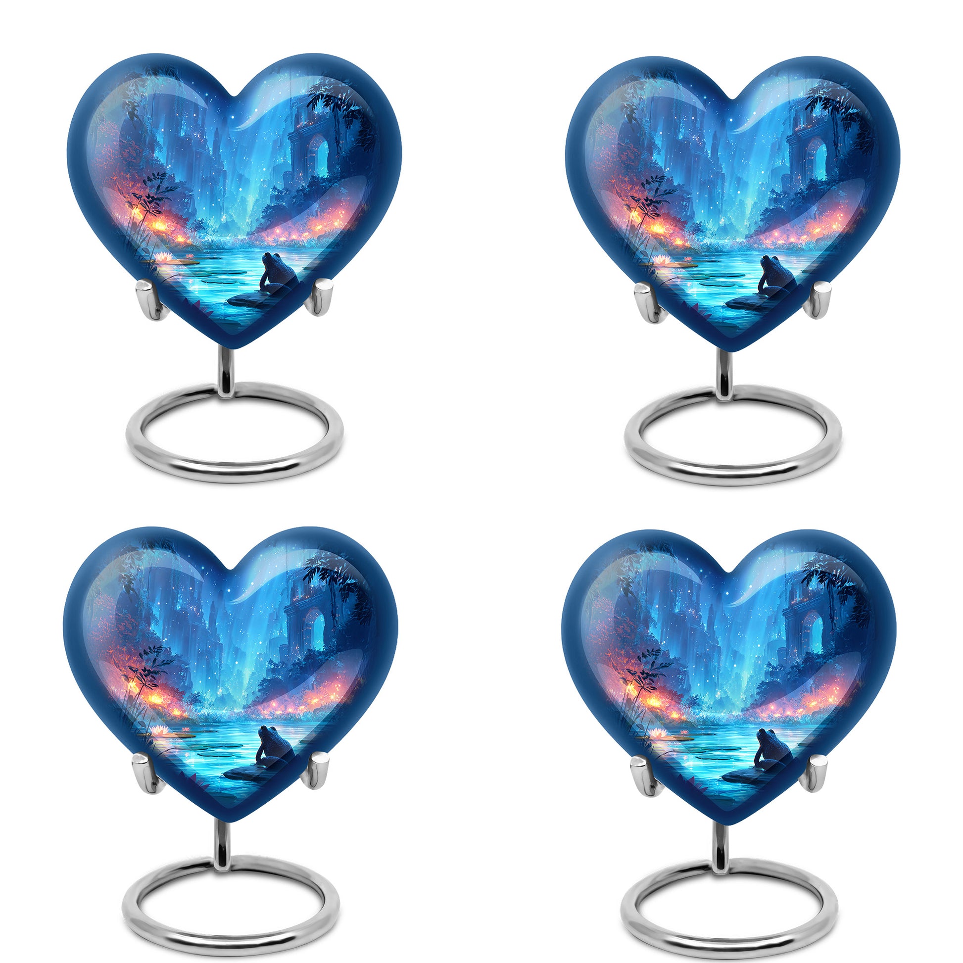 Serene Blue Frog Cremation Urn angled view of lid and engraved motif - compassionate heart-frog combination with gentle curves - 10 inch aluminum urn for cremated remains
