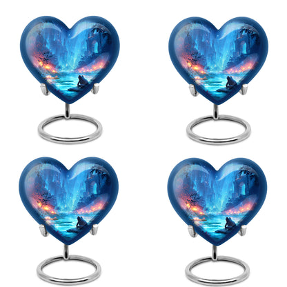 Serene Blue Frog Cremation Urn angled view of lid and engraved motif - compassionate heart-frog combination with gentle curves - 10 inch aluminum urn for cremated remains