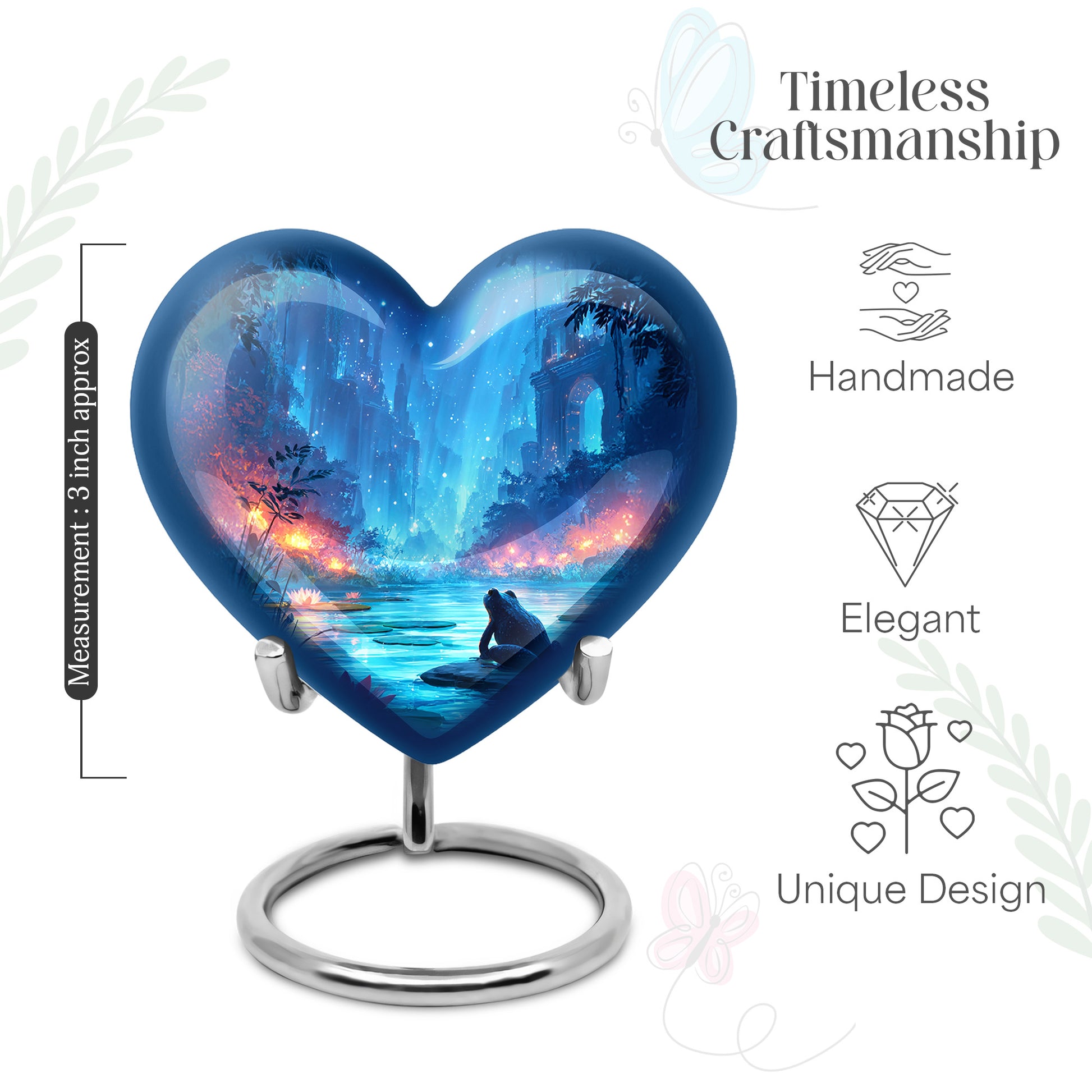 Sapphire Blue Frog Cremation Urn front view showing detailed design - romantic heart urn with frog motif on aluminum - mini keepsake memorial for portion of cremation ashes