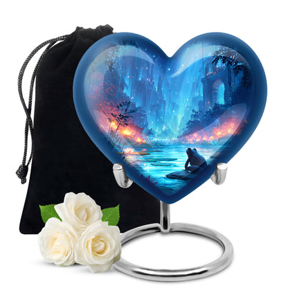 Misty Blue Frog Cremation Urn detail view - heart-shaped frog design symbolizing eternal love - full-size 10 inch 200 cubic inch adult cremation urn