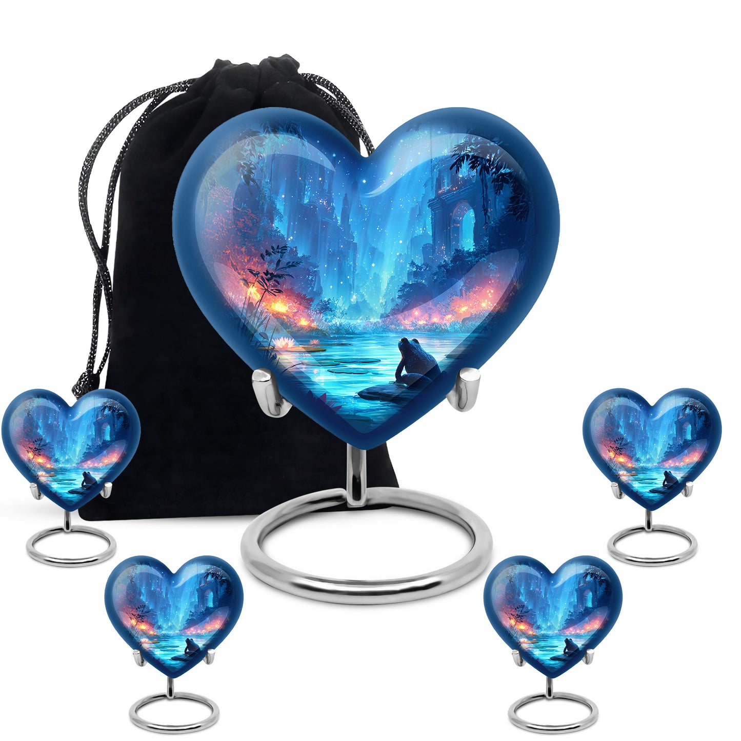 Powder Blue Frog Cremation Urn close-up of engraving and surface detail - heart-shaped frog design symbolizing eternal love - memorial set with one large and four small urns