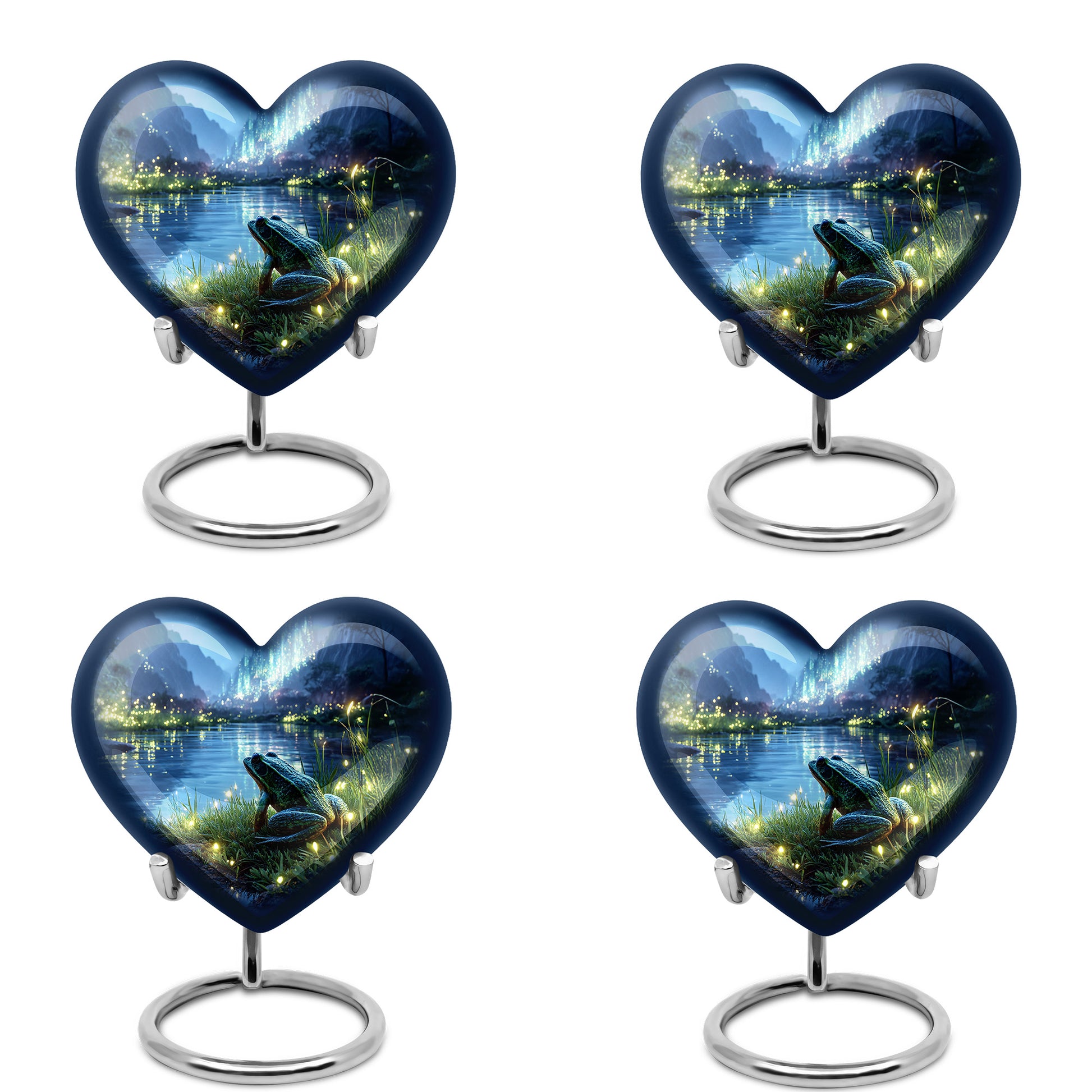 Steel Blue Frog Cremation Urn angled view of lid and engraved motif - romantic heart urn with frog motif on aluminum - 10 inch aluminum urn for cremated remains