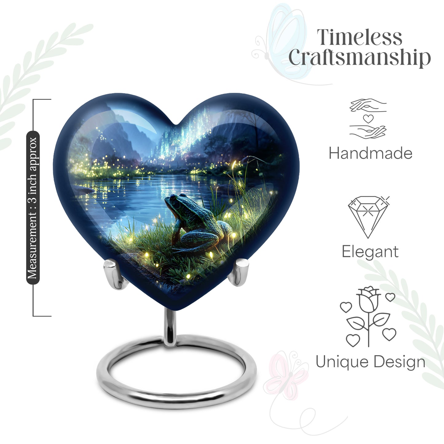 Bright Blue Frog Cremation Urn front view showing detailed design - romantic heart urn with frog motif on aluminum - mini keepsake memorial for portion of cremation ashes