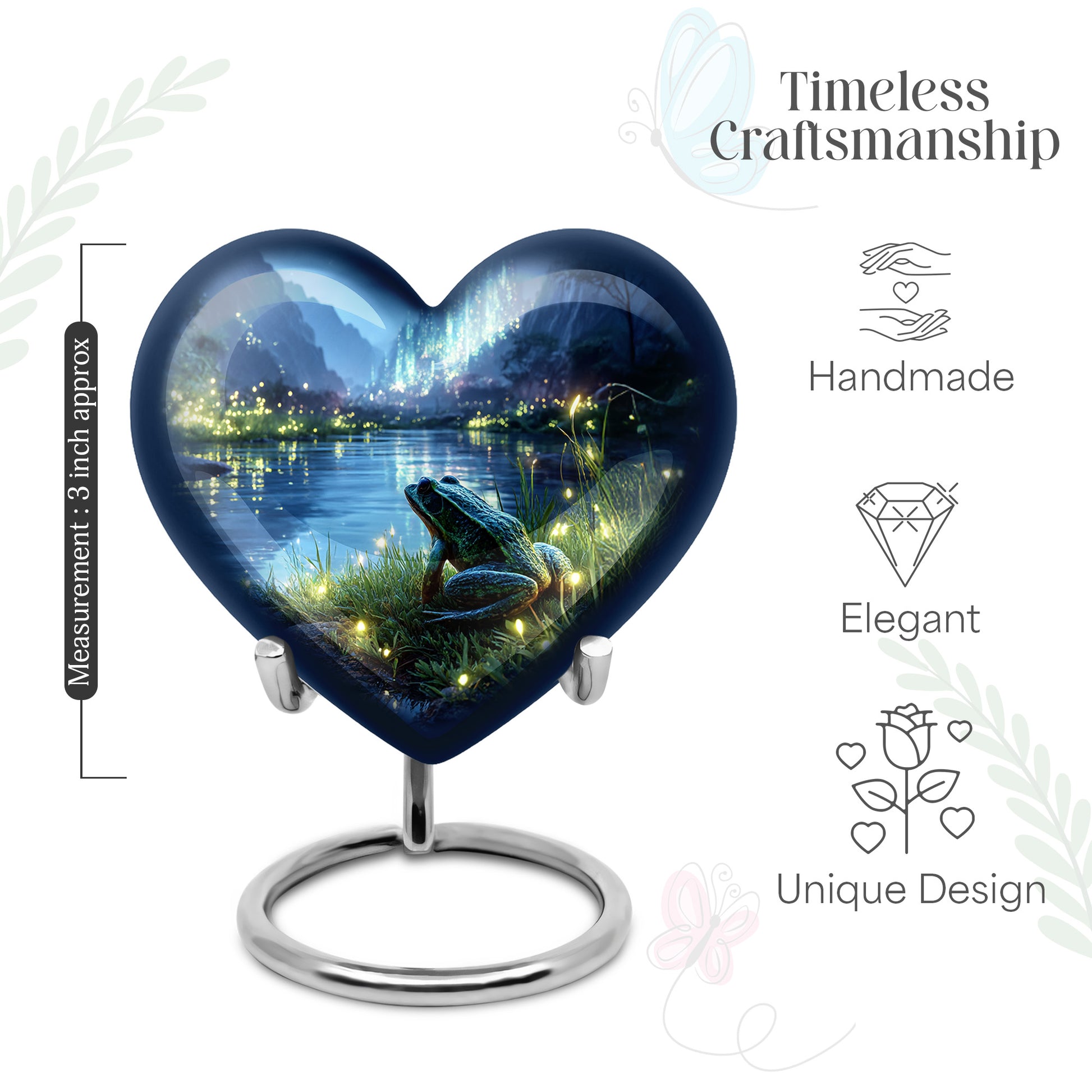 Bright Blue Frog Cremation Urn front view showing detailed design - romantic heart urn with frog motif on aluminum - mini keepsake memorial for portion of cremation ashes