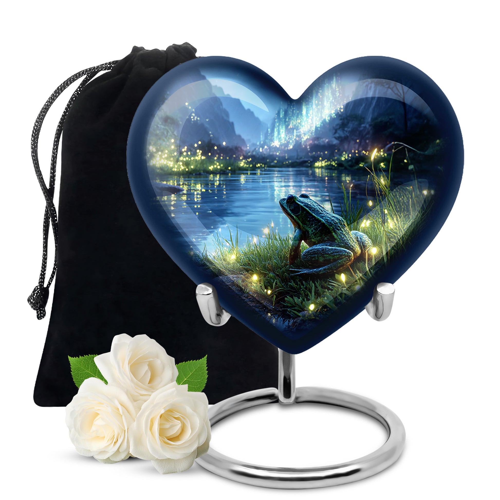 Vivid Blue Frog Cremation Urn detail view - romantic heart urn with frog motif on aluminum - full-size 10 inch 200 cubic inch adult cremation urn