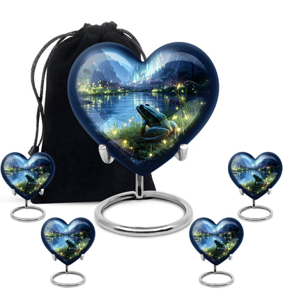 Indigo Frog Cremation Urn close-up of engraving and surface detail - heart-shaped frog design symbolizing eternal love - memorial set with one large and four small urns