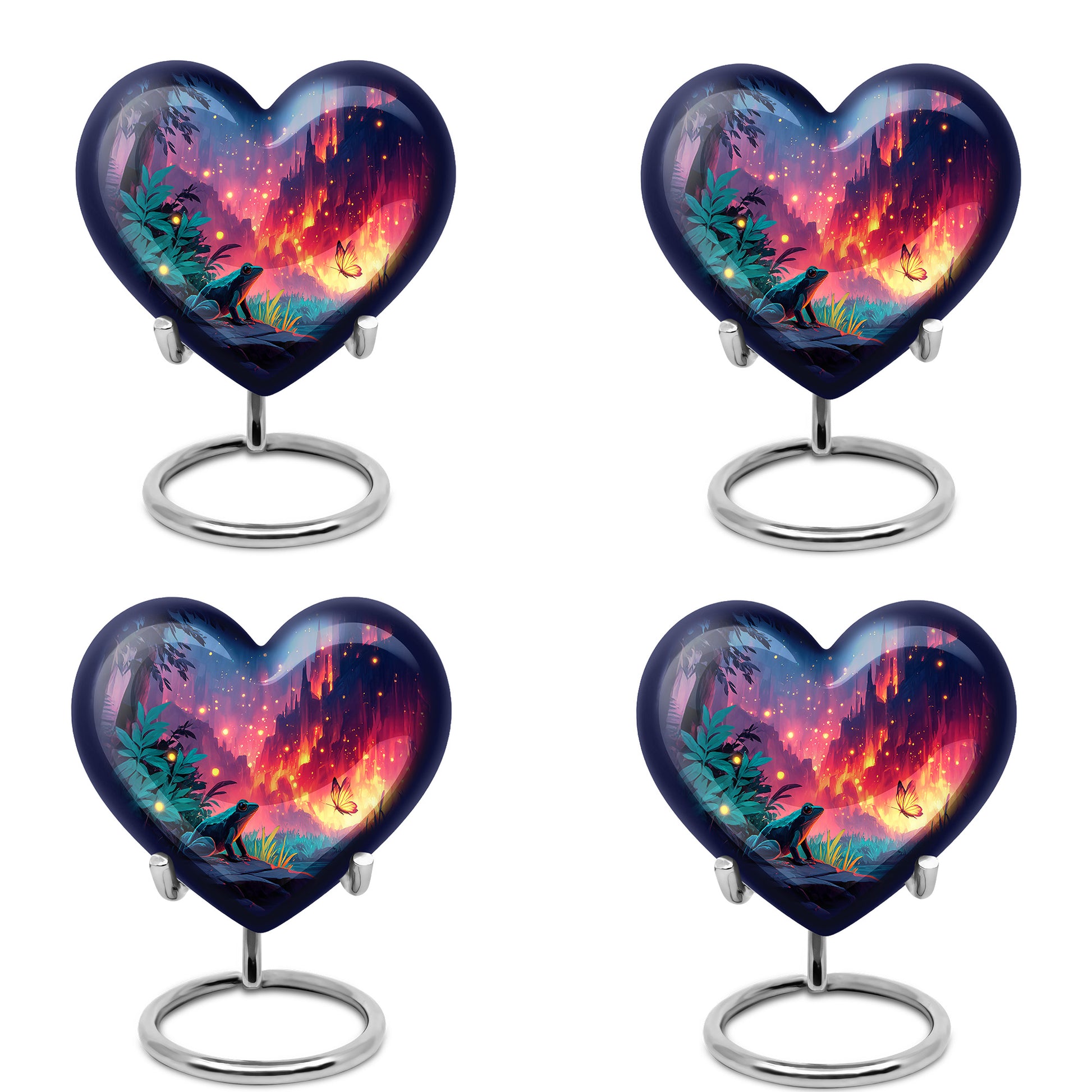 Pastel Blue Frog Cremation Urn angled view of lid and engraved motif - loving heart memorial featuring frog pattern - 10 inch aluminum urn for cremated remains
