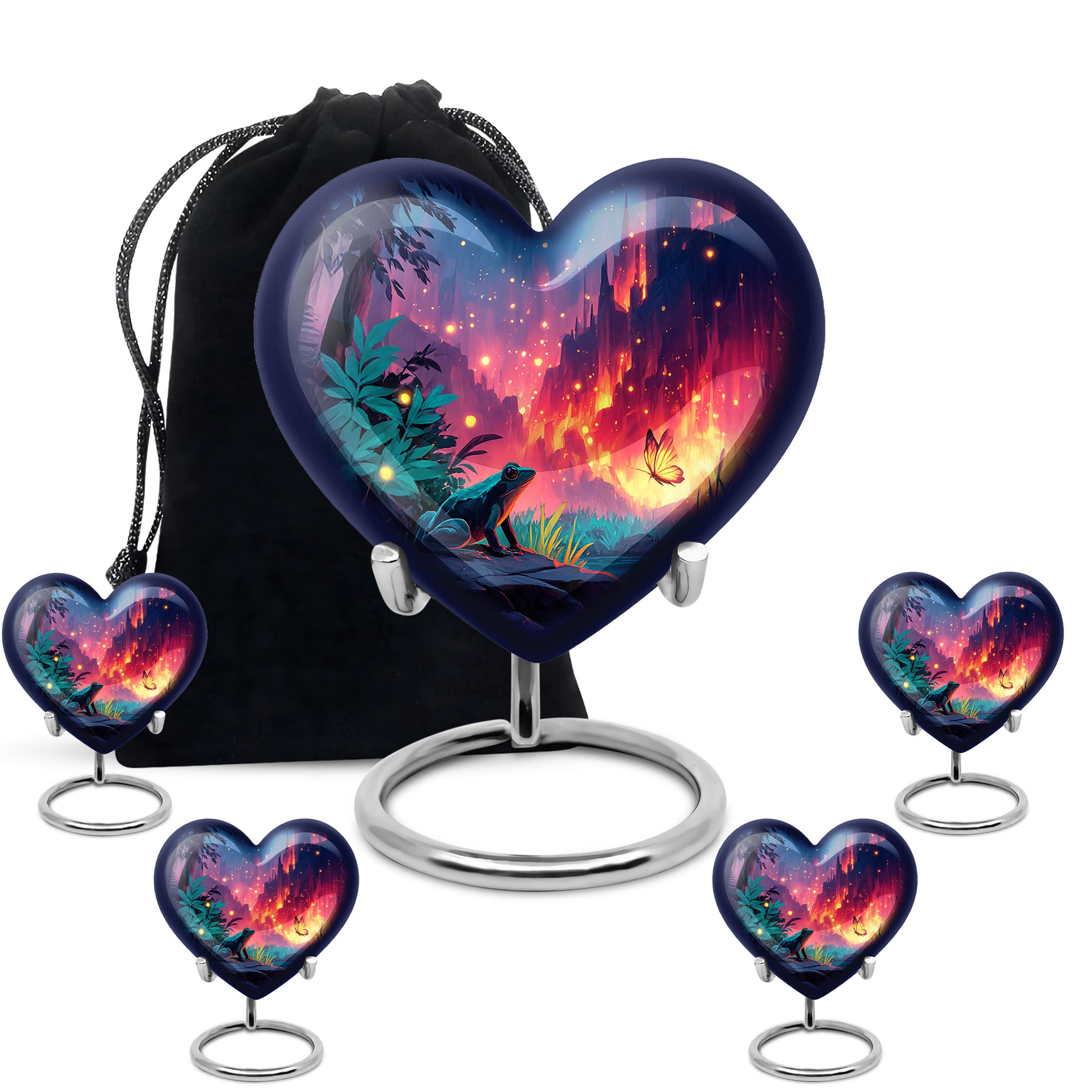 Azure Frog Cremation Urn close-up of engraving and surface detail - heart-shaped frog design symbolizing eternal love - memorial set with one large and four small urns