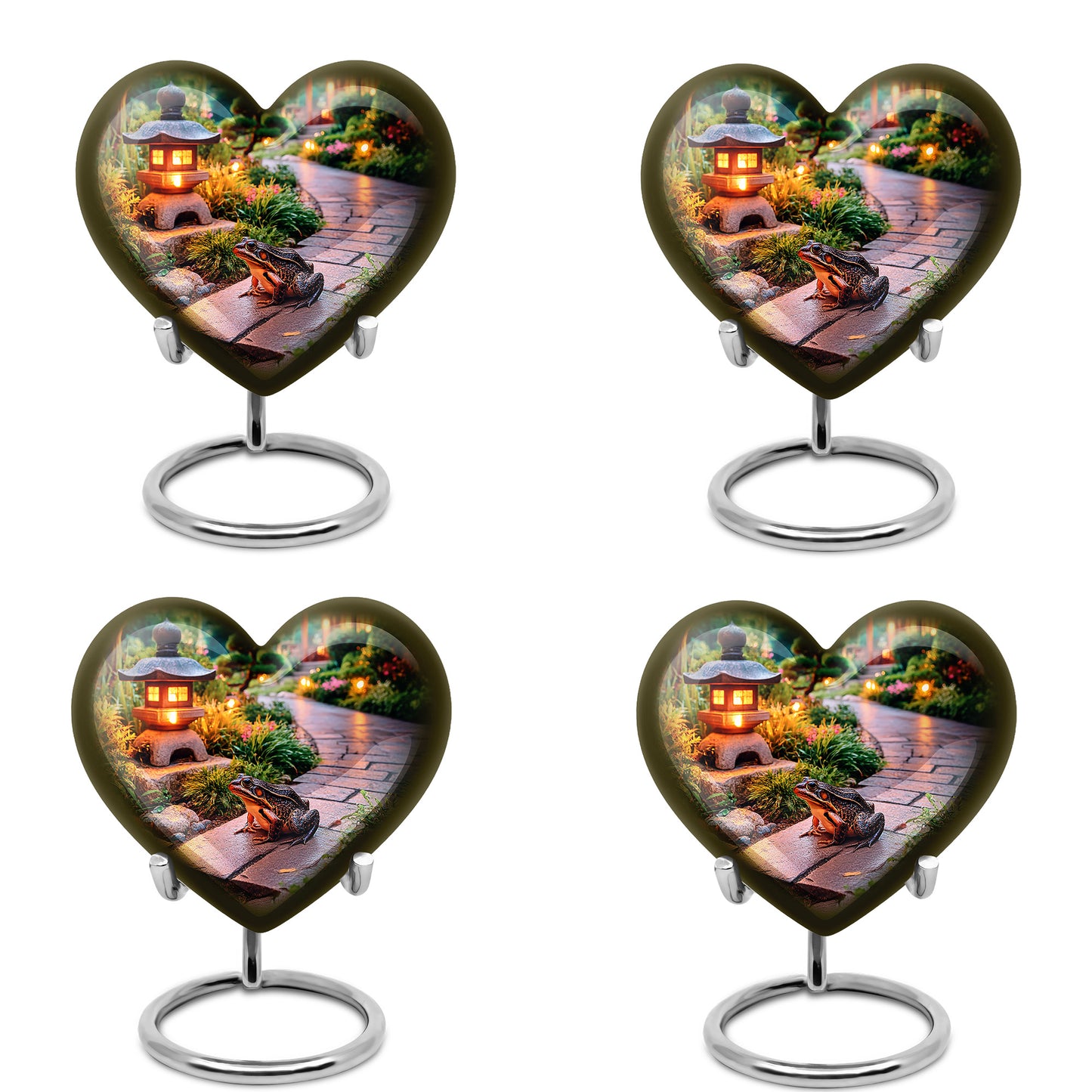 Soft Yellow Frog Cremation Urn angled view of lid and engraved motif - romantic heart urn with frog motif on aluminum - 10 inch aluminum urn for cremated remains