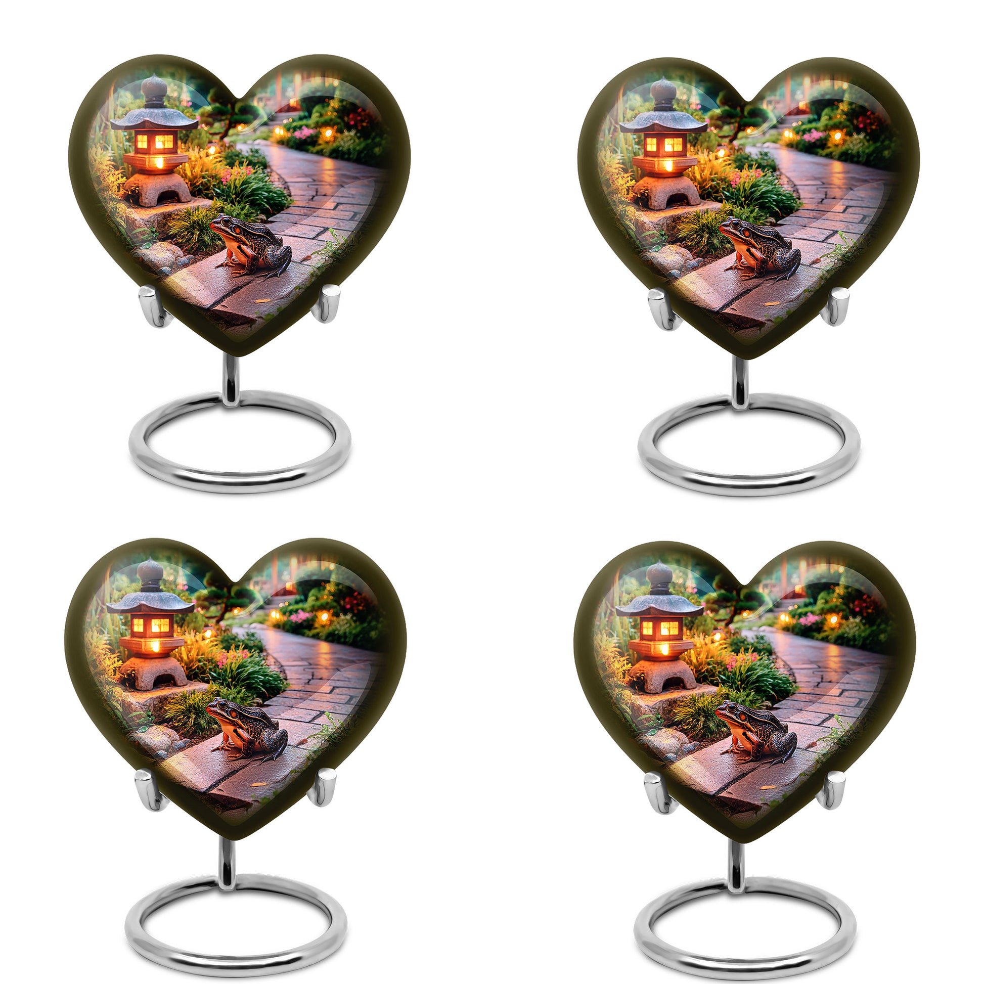 Soft Yellow Frog Cremation Urn angled view of lid and engraved motif - romantic heart urn with frog motif on aluminum - 10 inch aluminum urn for cremated remains