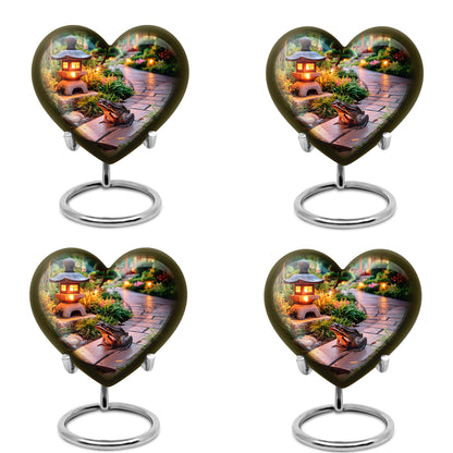 Soft Yellow Frog Cremation Urn angled view of lid and engraved motif - romantic heart urn with frog motif on aluminum - 10 inch aluminum urn for cremated remains