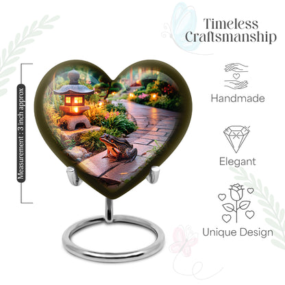 Harvest Yellow Frog Cremation Urn front view showing detailed design - loving heart memorial featuring frog pattern - mini keepsake memorial for portion of cremation ashes