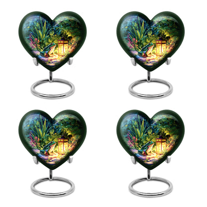 Serene Blue Frog Cremation Urn angled view of lid and engraved motif - compassionate heart-frog combination with gentle curves - 10 inch aluminum urn for cremated remains