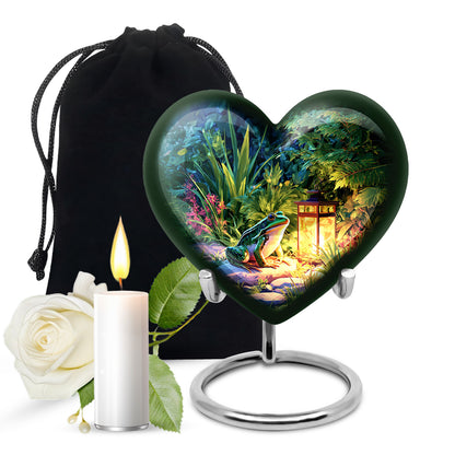 Misty Blue Frog Cremation Urn detail view - heart-shaped frog design symbolizing eternal love - full-size 10 inch 200 cubic inch adult cremation urn