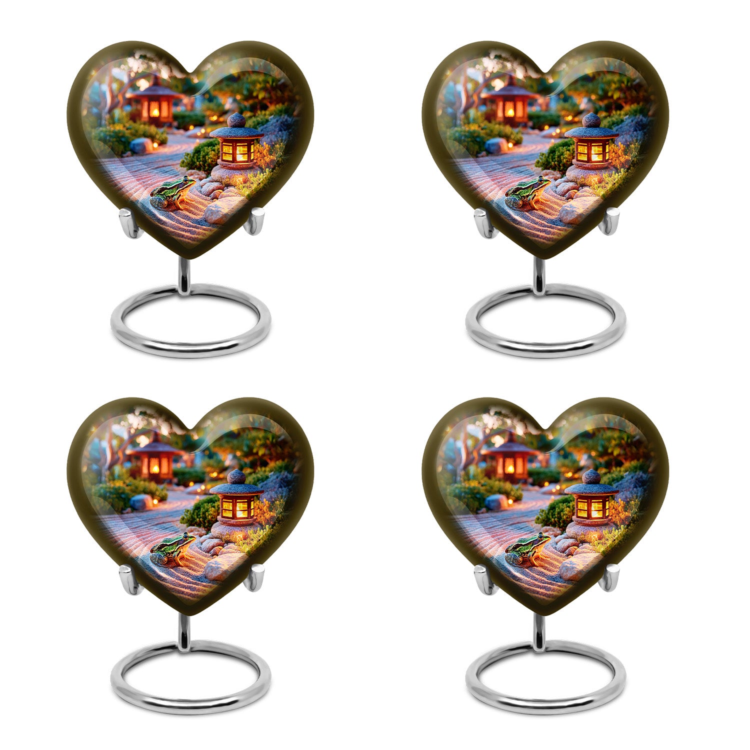 Sunrise Gold Frog Cremation Urn angled view of lid and engraved motif - heart-shaped frog design symbolizing eternal love - 10 inch aluminum urn for cremated remains