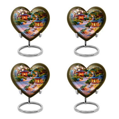 Sunrise Gold Frog Cremation Urn angled view of lid and engraved motif - heart-shaped frog design symbolizing eternal love - 10 inch aluminum urn for cremated remains