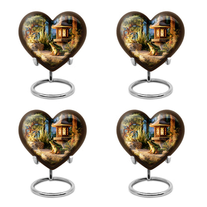 Champagne Gold Frog Cremation Urn angled view of lid and engraved motif - loving heart memorial featuring frog pattern - 10 inch aluminum urn for cremated remains