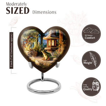 Amber Gold Frog Cremation Urn front view showing detailed design - loving heart memorial featuring frog pattern - mini keepsake memorial for portion of cremation ashes