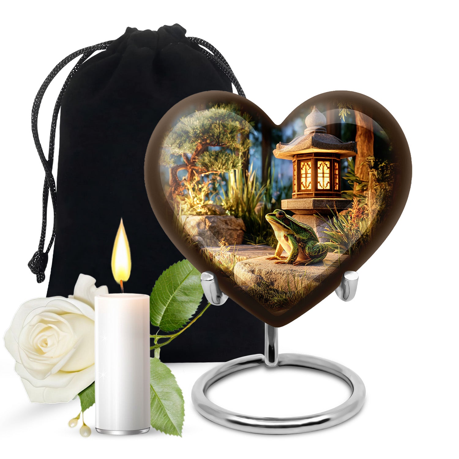 Sunrise Gold Frog Cremation Urn detail view - heart-shaped frog design symbolizing eternal love - full-size 10 inch 200 cubic inch adult cremation urn