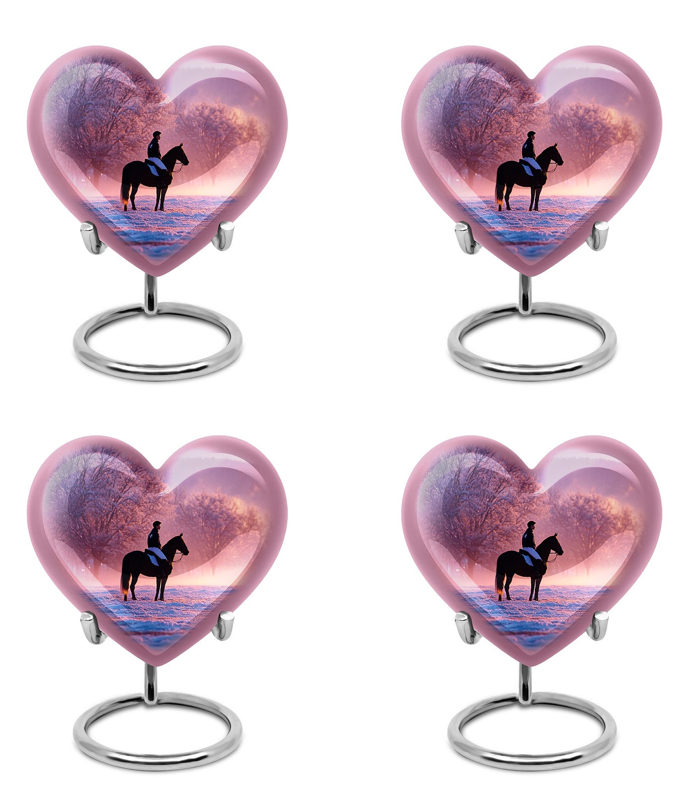 Twilight Purple Horse Polo Cremation Urn angled view of lid and engraved motif - romantic heart urn with horse polo motif on aluminum - 10 inch aluminum urn for cremated remains