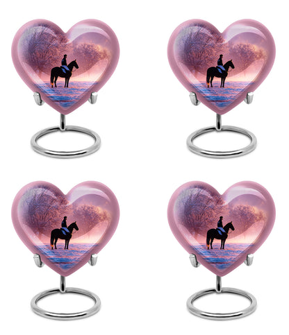 Twilight Purple Horse Polo Cremation Urn angled view of lid and engraved motif - romantic heart urn with horse polo motif on aluminum - 10 inch aluminum urn for cremated remains