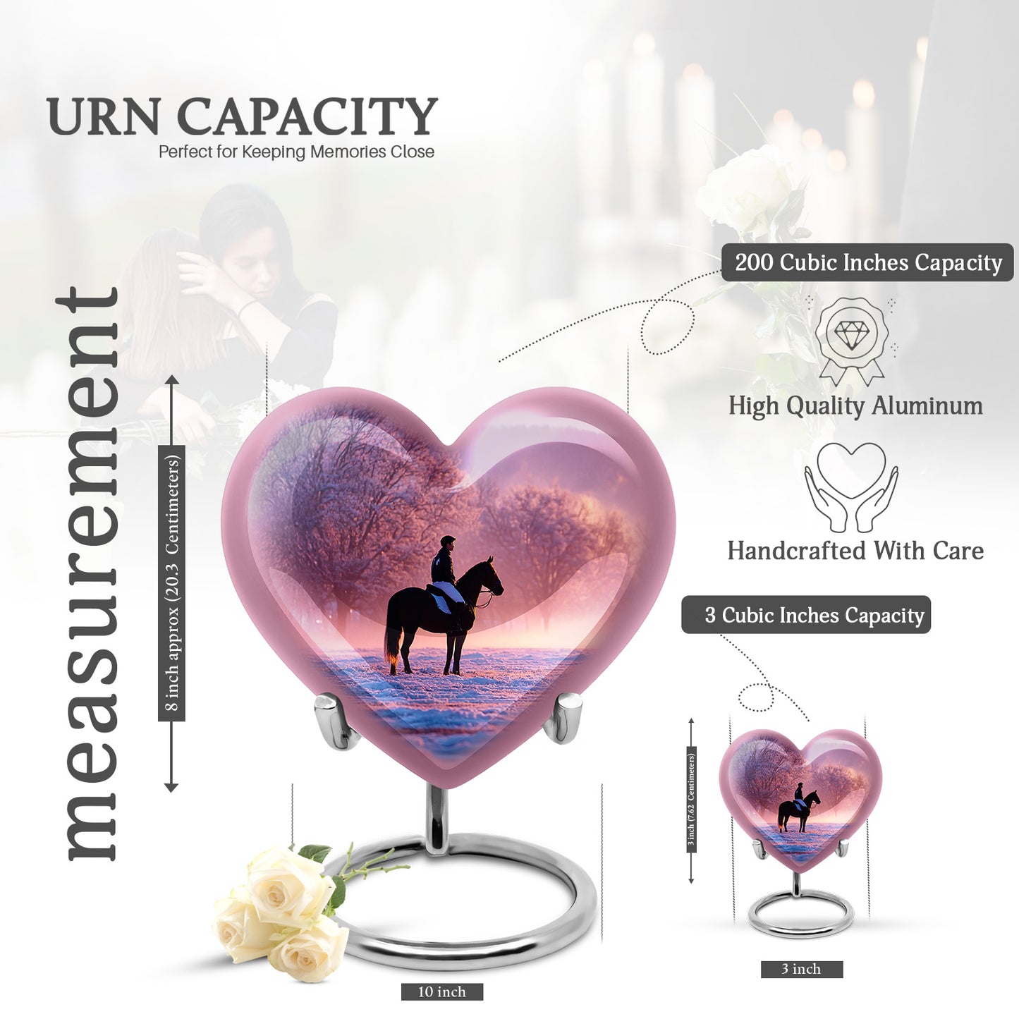 Orchid Purple Horse Polo Cremation Urn front view showing detailed design - loving heart memorial featuring horse polo pattern - mini keepsake memorial for portion of cremation ashes