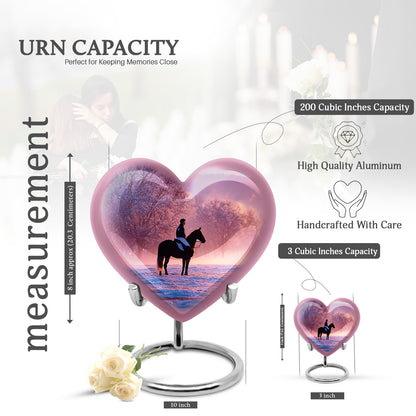Orchid Purple Horse Polo Cremation Urn front view showing detailed design - loving heart memorial featuring horse polo pattern - mini keepsake memorial for portion of cremation ashes