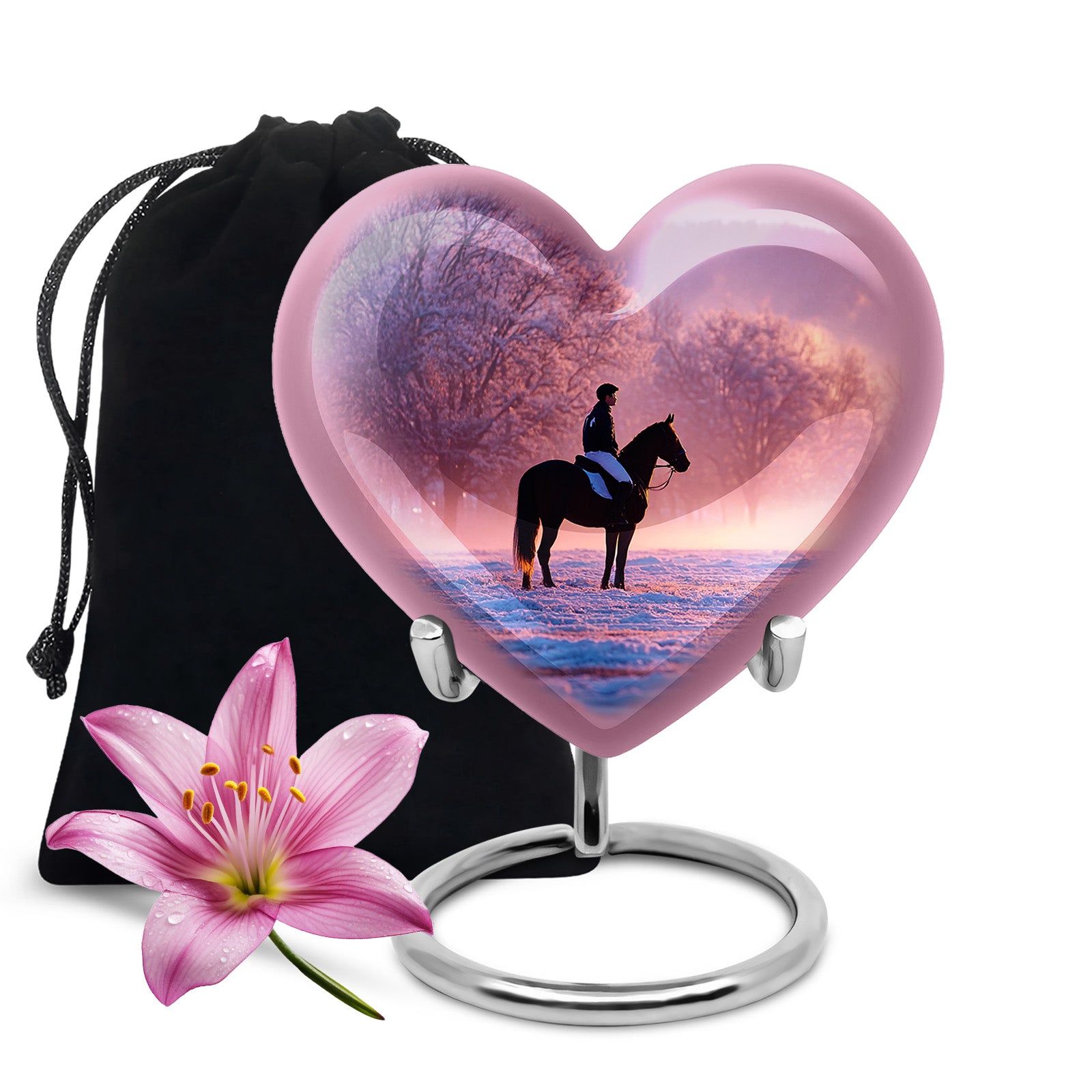 Royal Purple Horse Polo Cremation Urn detail view - romantic heart urn with horse polo motif on aluminum - full-size 10 inch 200 cubic inch adult cremation urn