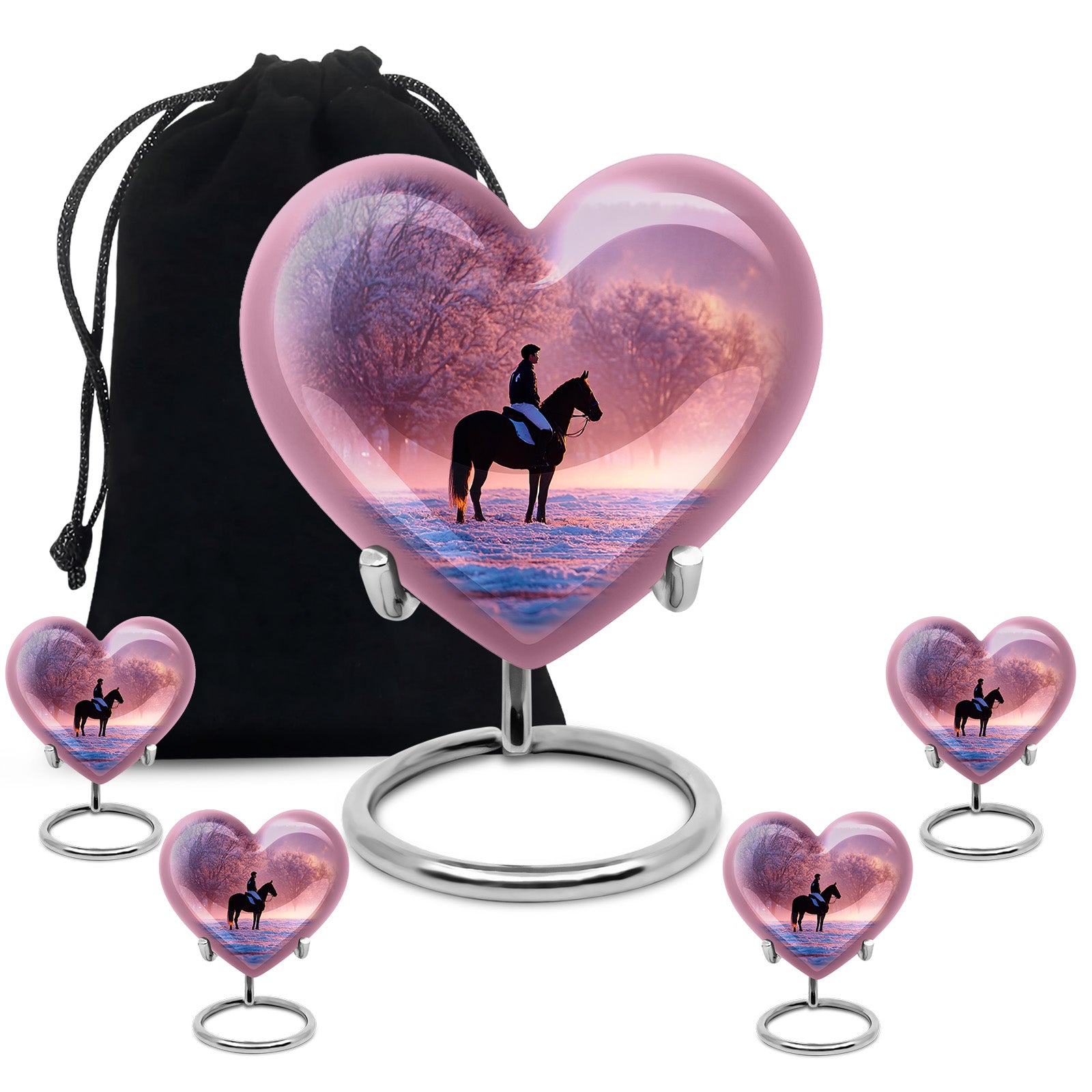 Lavender Purple Horse Polo Cremation Urn close-up of engraving and surface detail - compassionate heart-horse polo combination with gentle curves - memorial set with one large and four small urns
