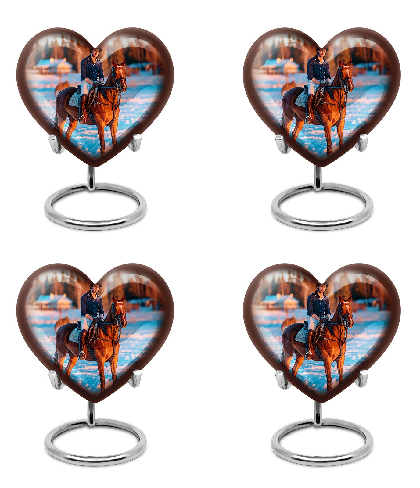 Satin Silver Horse Polo Cremation Urn angled view of lid and engraved motif - heart-shaped horse polo design symbolizing eternal love - 10 inch aluminum urn for cremated remains