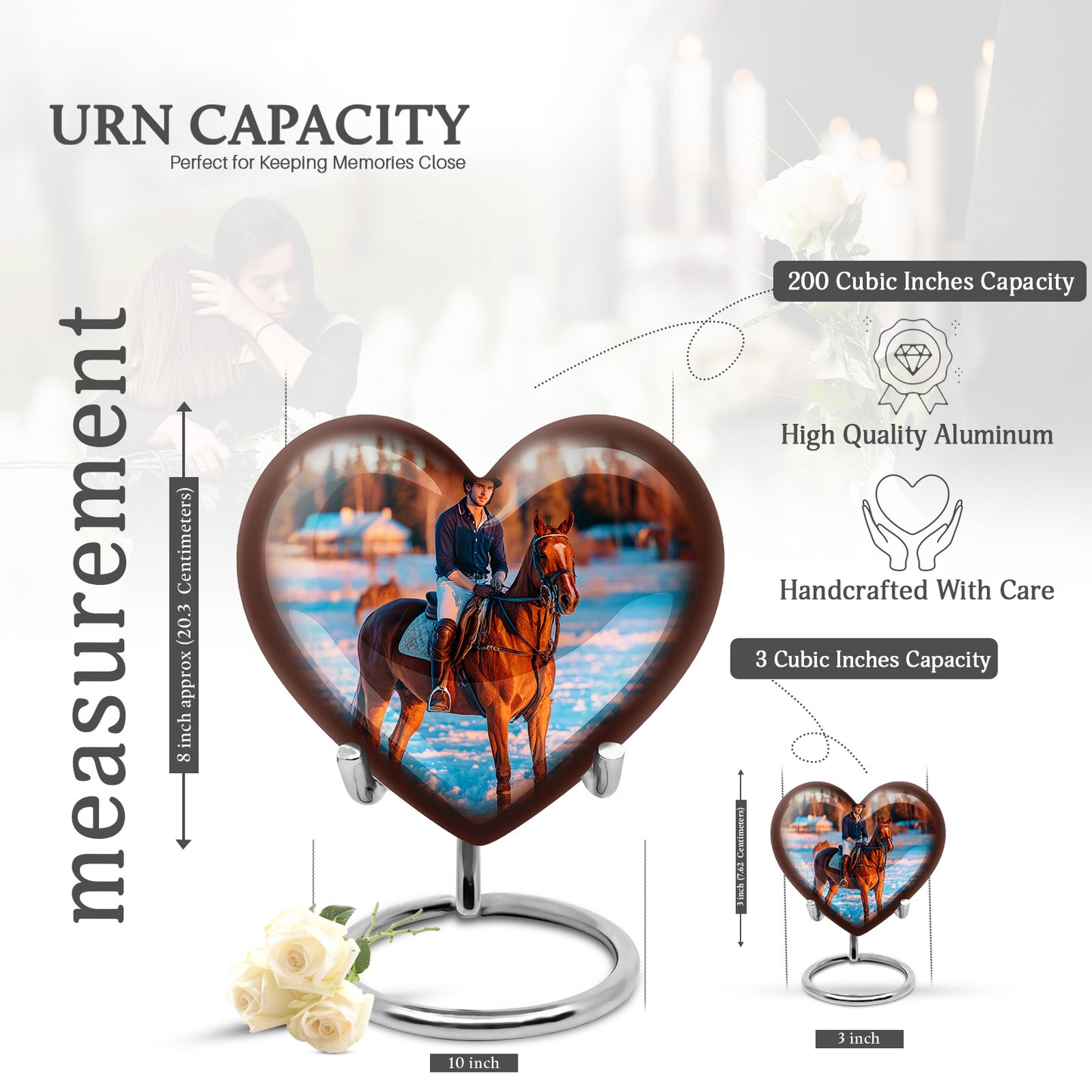 Gleaming Silver Horse Polo Cremation Urn front view showing detailed design - heart-shaped horse polo design symbolizing eternal love - mini keepsake memorial for portion of cremation ashes