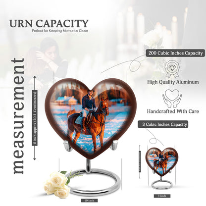 Gleaming Silver Horse Polo Cremation Urn front view showing detailed design - heart-shaped horse polo design symbolizing eternal love - mini keepsake memorial for portion of cremation ashes