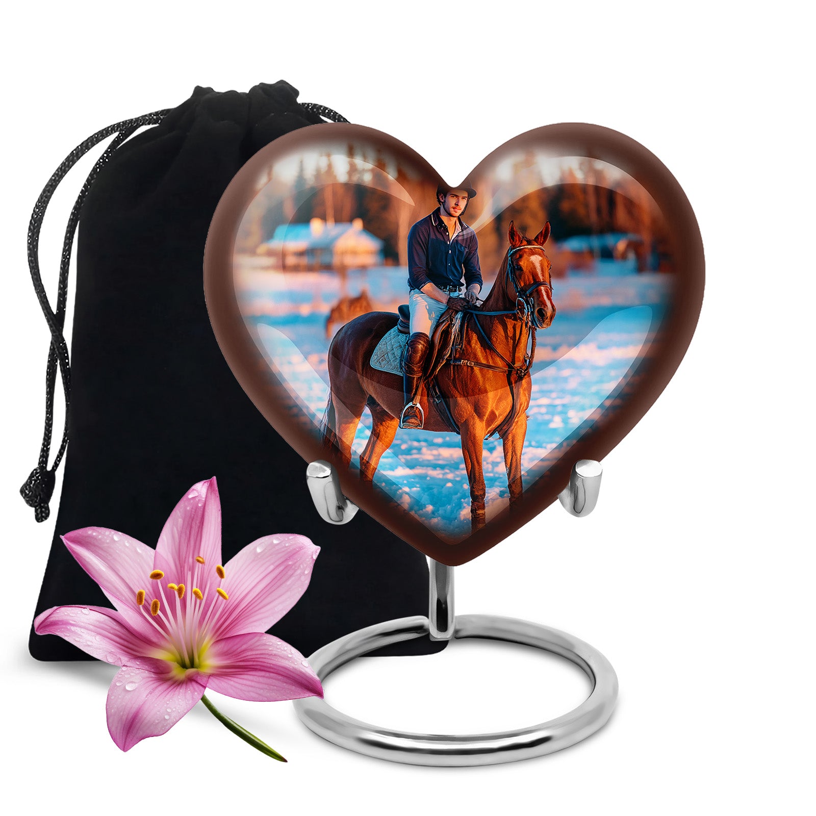 Antique Silver Horse Polo Cremation Urn detail view - compassionate heart-horse polo combination with gentle curves - full-size 10 inch 200 cubic inch adult cremation urn
