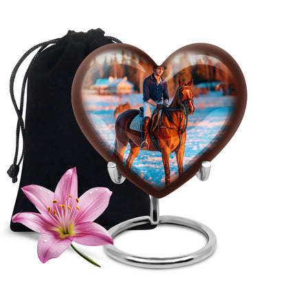 Antique Silver Horse Polo Cremation Urn detail view - compassionate heart-horse polo combination with gentle curves - full-size 10 inch 200 cubic inch adult cremation urn